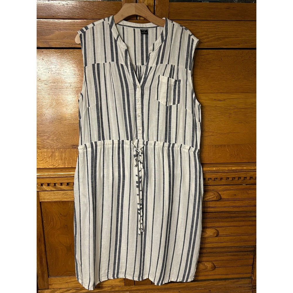 Esmara Nautical Blue White Striped Linen‎ Blend Sleeveless Button Waist Dress 16